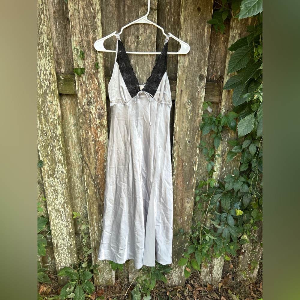 Vintage Sears Inner Most Silver Satin & Black Lace Slip Dress - Medium